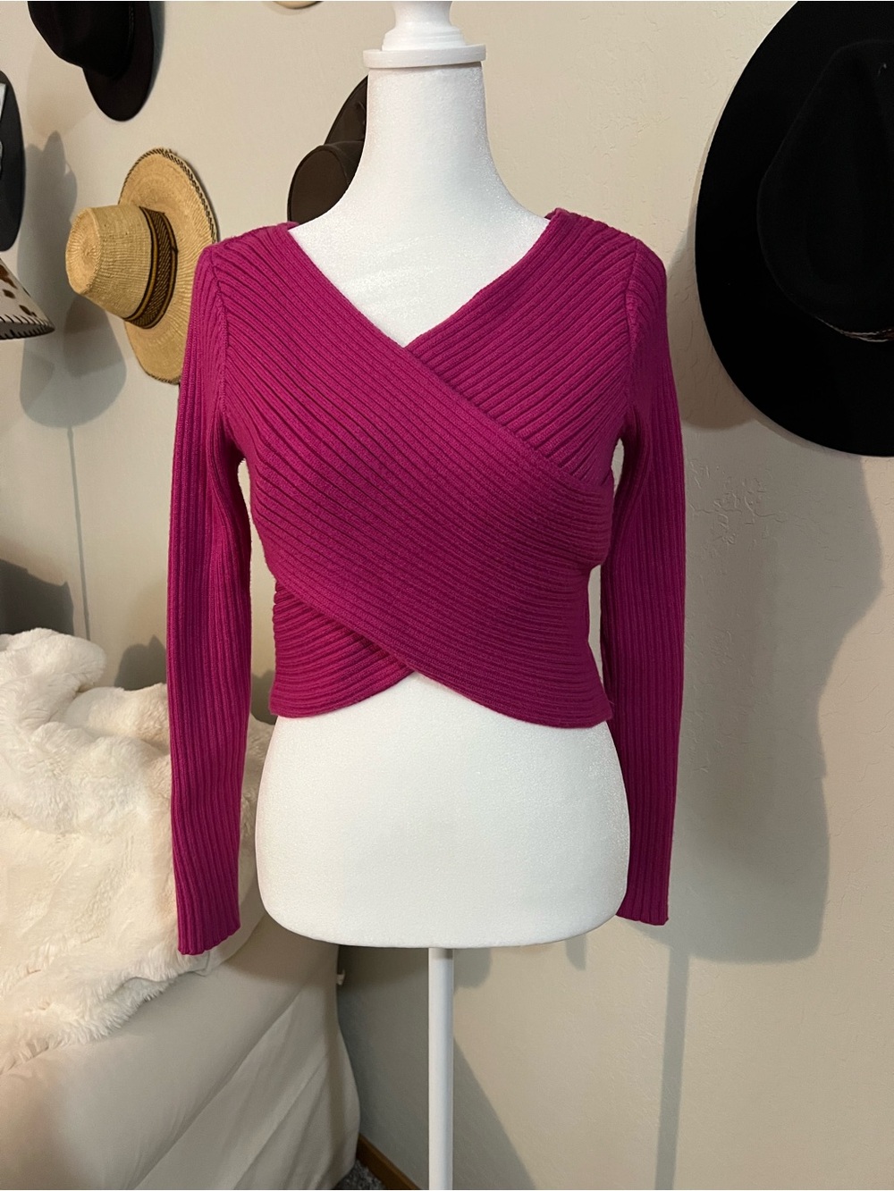 Sweet Rain Long-Sleeve Wrap Ribbed Knit Sweater - Fuchsia S
